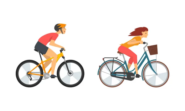 Młody mężczyzna i kobieta jazda na rowerze korzystających wakacje lub Weekend Activity Vector Set — Wektor stockowy