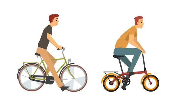 Young Man Riding Bicycle Enjoying Vacation or Weekend Activity Vector Set — Stock Vector