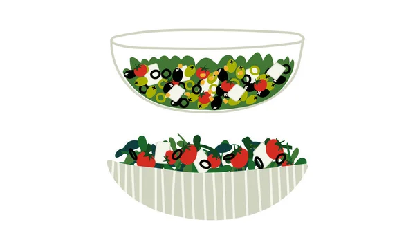 Ensalada con verdura mixta y tomate servido en juego de vectores de tazón — Archivo Imágenes Vectoriales