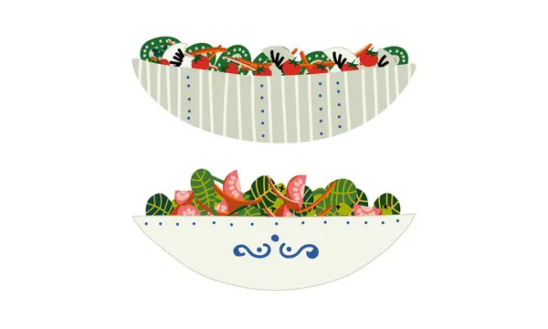Karışık yeşillik ve domates salatası Bowl vektör setinde servis edilir. — Stok Vektör