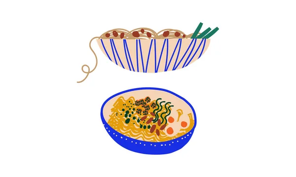 Fideos Udon preparados fritos servidos en conjunto de vectores de tazón de cerámica — Vector de stock