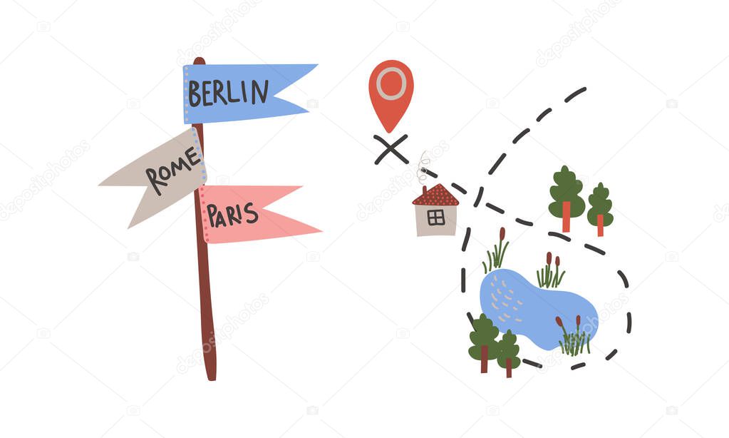 Direction Sign and Hiking Track as Travel and Tourism Symbol Vector Set