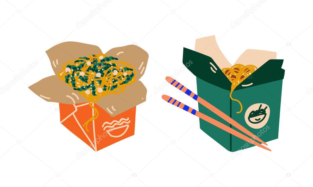 Stir-fried Prepared Udon Noodle Served in Carton Box for Takeaway Vector Set
