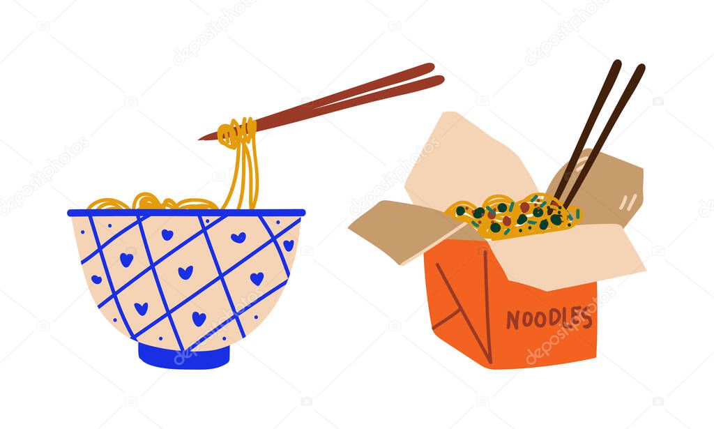 Stir-fried Prepared Udon Noodle Served in Carton Box and Bowl Vector Set