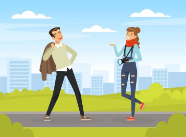 Profesyonel Kamera Vektörü İllüstrasyonlu Kadın Fotoğrafçının Önünde Erkek Pozu