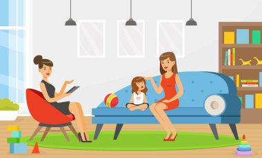 Kadın Psikolog Anne ve Ağlayan Küçük Kız Vektör İllüstrasyonuyla Konuşuyor