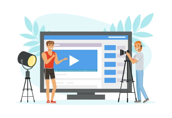 Man met camera op statief schieten en het maken van video-inhoud vector illustratie — Stockvector