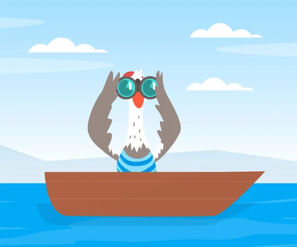 Engraçado personagem gaivota em barco à vela Olhando em Binóculos Vector Ilustração — Vetor de Stock