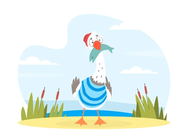 Personaje divertido de gaviota con peces en Bill de pie en la orilla del mar Vector ilustración — Vector de stock