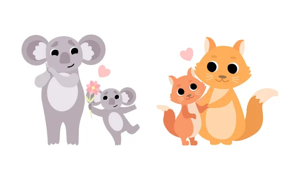 Cute Little Baby Animals and Their Moms Set, Adorável Koala e Esquilo Famílias Cartoon Vector Ilustração —  Vetores de Stock