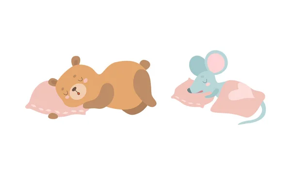 Söta baby djur Sova i sängar Set, bedårande björn och mus somna på kuddar Tecknad vektor Illustration — Stock vektor