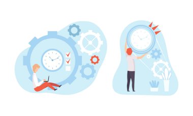 Wall Clock Set, Zaman Yönetimi Düz Vektör İllüstrasyonu 'nun yanında çalışan ofis çalışanları