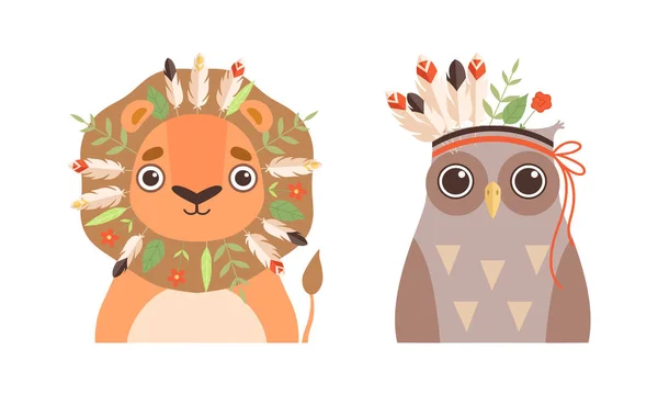 Conjunto de animales encantadores con corona de flores en la cabeza, retratos de primavera de león y búho Lovely Baby Animals Cartoon Vector Illustration — Vector de stock