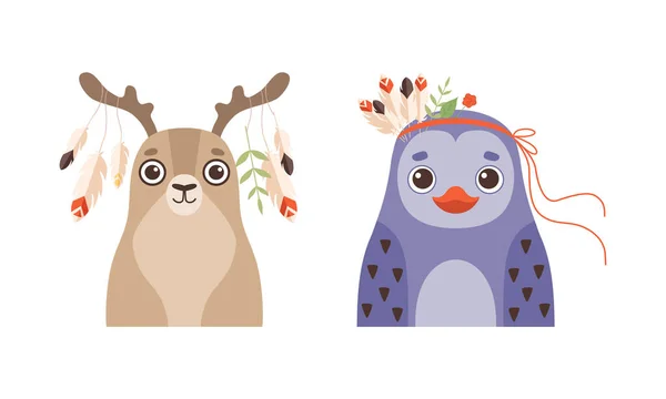 Conjunto de animales encantadores con corona de flores en la cabeza, retratos de primavera de ciervos y pingüinos animales encantadores del bebé Dibujos animados Vector Ilustración — Vector de stock