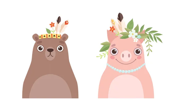 Set de Animales Encantadores en Corona de Flores, Retratos de Primavera de Oso Lindo y Cerdo Baby Animals Cartoon Vector Illustration — Vector de stock