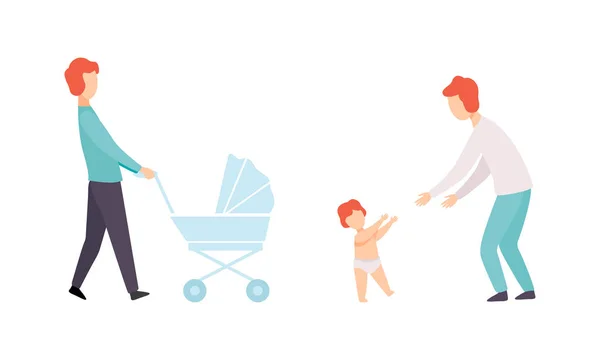 Fäder som tar hand om sina spädbarn set, ung pappa promenader med Kid, lycklig faderskap koncept platt vektor Illustration — Stock vektor