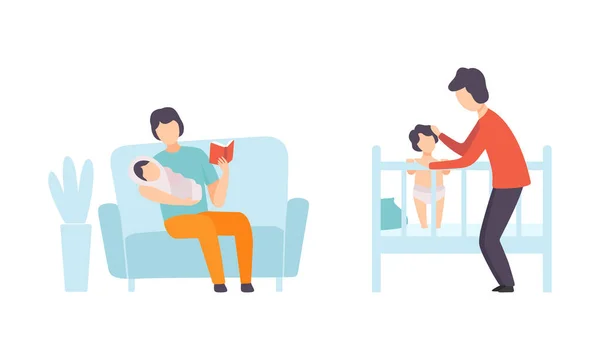 Pères prenant soin de leurs enfants ensemble, jeune papa mettant bébé au lit et le livre de lecture, heureux concept de paternité Illustration vectorielle plate — Image vectorielle