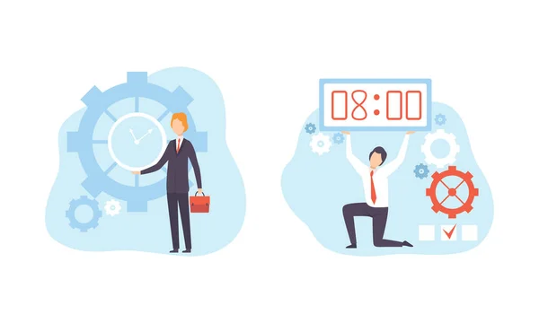 Concept de gestion du temps, employés de bureau travaillant à côté de l'horloge Planification Processus de travail Illustration vectorielle plate — Image vectorielle