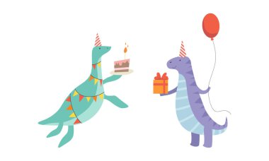Parti Partisindeki Şirin Dinozorlar Doğum günü Partisi Seti, Sevimli Komik Dino Karakterleri Hediye Kutusu ve Pasta Çizimi Vektör Çizimi