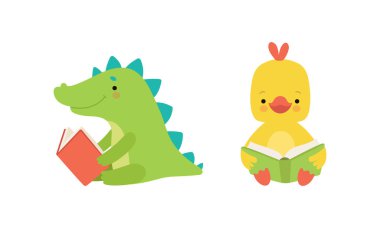 Komik Bebek Hayvanlar Kitap Seti, Sevimli Küçük Timsah ve Tavuk Oturma ve Öğrenme Çizgi Filmi Vektör Çizimi