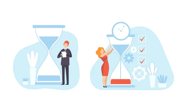 Business People Planning Working Process with Hourglass Set, Time Management and Deadline Concept Flat Vector Illustration - Stok Vektor
