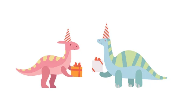 Симпатичные динозавры дарят подарочные наборы, веселые забавные персонажи динозавров держат подарочные коробки, счастливые аниме-рейтинги, вектор развития мультфильмов. — стоковый вектор