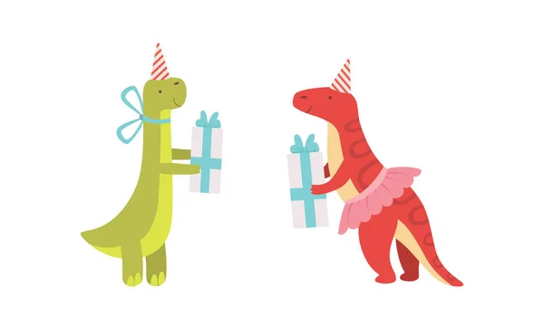 Симпатичные динозавры в праздничном наборе подарков, веселые забавные персонажи динозавров, рейтинг вектора рождаемости — стоковый вектор