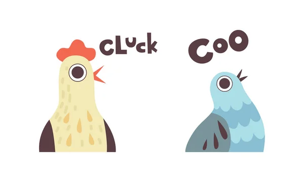 Schattige dieren maken geluiden set, Schattige kip, Koekoekoek Saying Cluck, Coo Cartoon Vector Illustratie — Stockvector