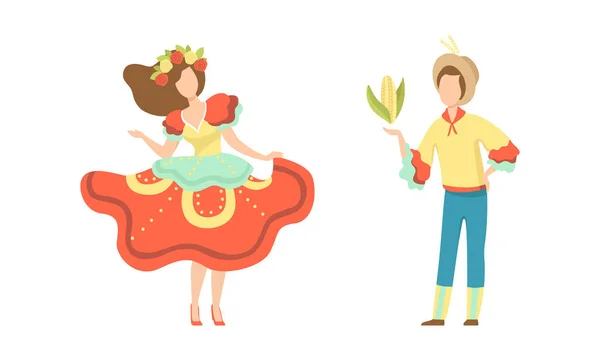 Couple en costumes colorés dansant au Folklore Party Set, Festival traditionnel du Brésil Juin, Festa Junina Illustration vectorielle de bande dessinée — Image vectorielle