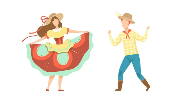 Pareja en coloridos trajes tradicionales bailando en el tradicional festival de junio de Brasil, Festa Junina Cartoon Vector Illustration — Archivo Imágenes Vectoriales