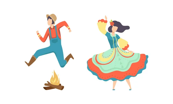 Młody mężczyzna i kobieta w tradycyjnych strojach Taniec na festiwalu Folklor Brazylia czerwiec, Festa Junina Cartoon Vector Ilustracja — Wektor stockowy