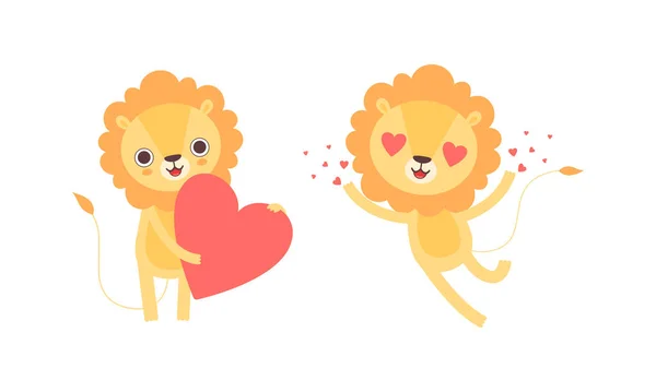 Adorable conjunto de actividades de carácter de león, lindo animal africano se enamoró ilustración vectorial de dibujos animados — Vector de stock