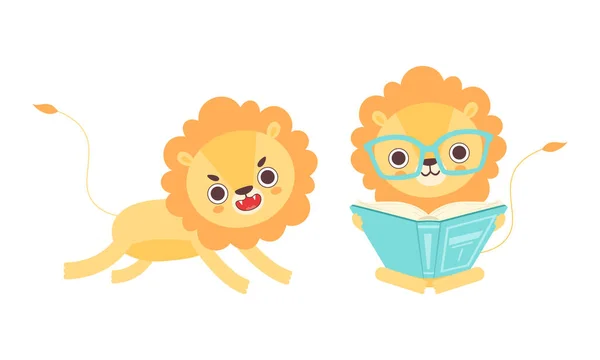 Adorable ensemble d'activités de personnage de lion, rugissement mignon des animaux africains et illustration vectorielle de bande dessinée du livre de lecture — Image vectorielle