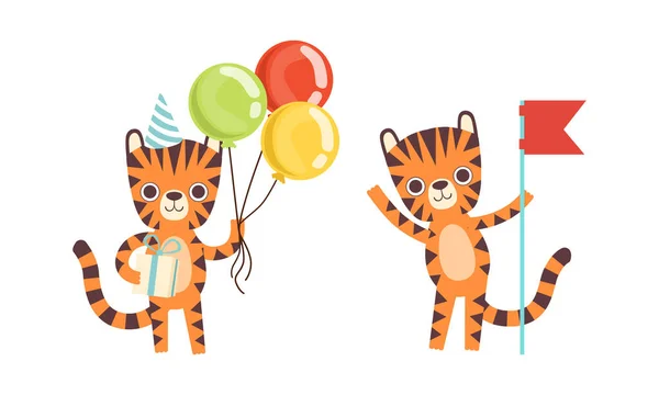 Cute Tiger Character Activities Set, Αξιολάτρευτο Άγριο Αφρικανικό Ζώο Γιορτάζοντας Διακοπές με Φουσκωτά Μπαλόνια και Red Flag Cartoon Vector Illustration — Διανυσματικό Αρχείο