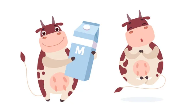 Schattige melk koe karakters set, Schattige boerderij dier cartoon vector illustratie — Stockvector