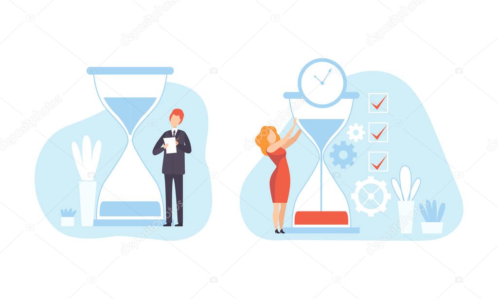 Business People Planning Working Process with Hourglass Set, Time Management and Deadline Concept Flat Vector Illustration
