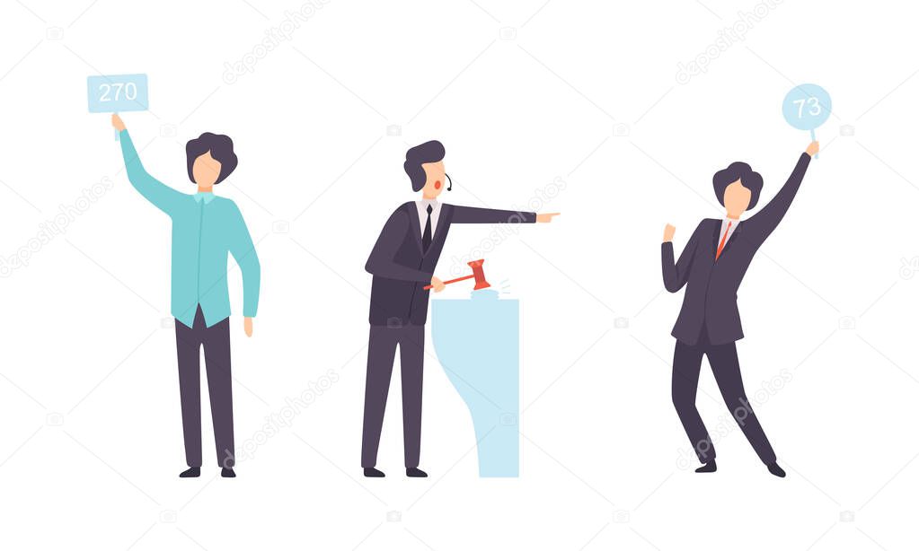 People Bidding in Auction, Buyers and Auctioneer Selling and Buying Artworks Flat Vector Illustration