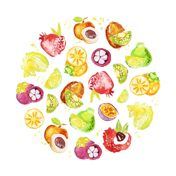 Frutta fresca e succosa dell'acquerello come prodotto naturale disposto nel modello vettoriale del cerchio — Vettoriale Stock