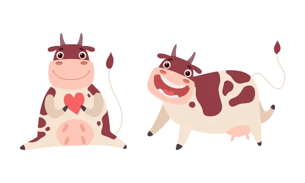 Cute Happy Cow Characters Set, Funny Smiling Addious Farm Animals Cartoon Vector Illustration — 스톡 벡터