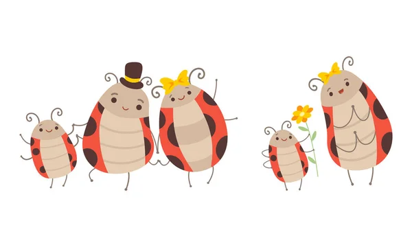 Ladybug Семьи набор, веселые мама, папа и их дети мультфильм вектор иллюстрации — стоковый вектор