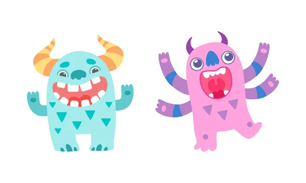 Felice amichevole bambino mostri set, simpatico divertente sorridente mostro personaggi cartone animato vettoriale illustrazione — Vettoriale Stock