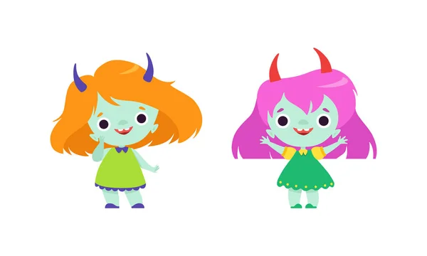 Cute Troll Characters with Different Hair Color Set, Funny Lovely Girs Fantasy Fairytale Creatures Cartoon Vector Illustration — 스톡 벡터