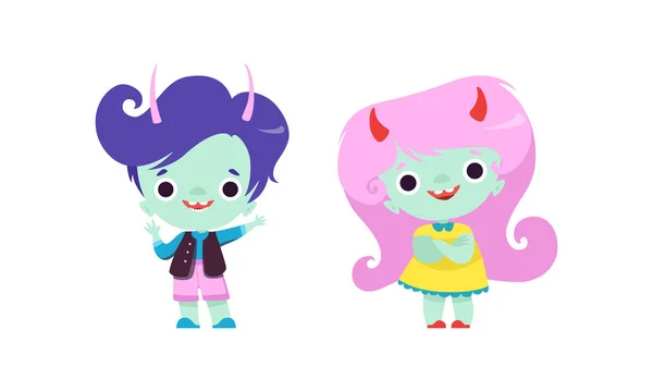 ( 영어 ) Tiny Troll Characters with Different Hair Color Set, Adbably Boy and Girl Fantasy Creatures Cartoon Vector Illustration — 스톡 벡터