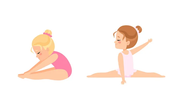 Lovely Little Ballerinas Dancing Set, Cute Little Girls Training Wearing Leotard Cartoon Vector Illustration — Stock Vector