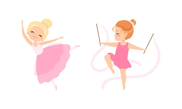 Roztomilé malé dívky baleríny tanec a trénink na lekci karikatury ilustrace — Stockový vektor