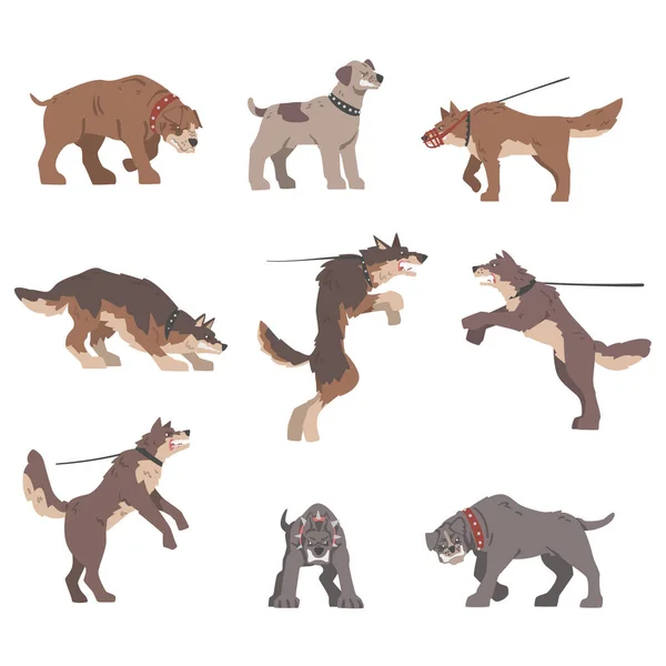 Set de perros grandes agresivos enojados desnudando sus dientes Vector Ilustración — Archivo Imágenes Vectoriales