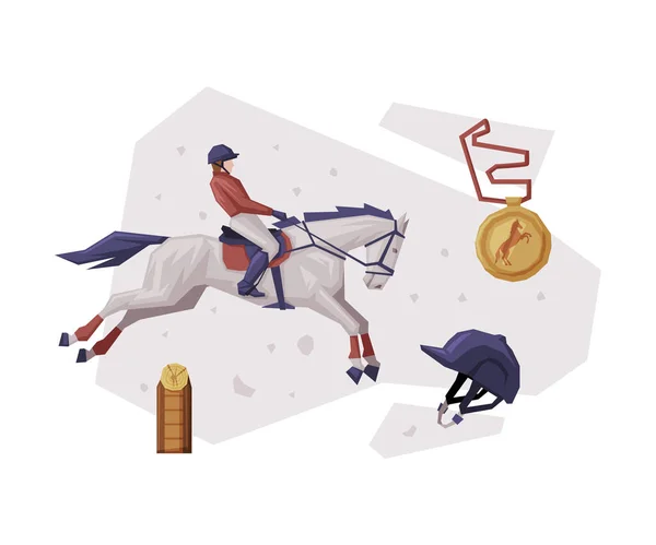 Jockey Jumping on Racing Horse, Equestrian Sport Equipment Vector Illustration — Archivo Imágenes Vectoriales