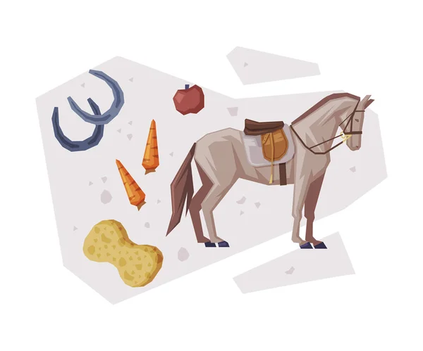 Saddle, Equestrian Sport Equipment, Food, Grooming Tools Vector Illustration — 스톡 벡터