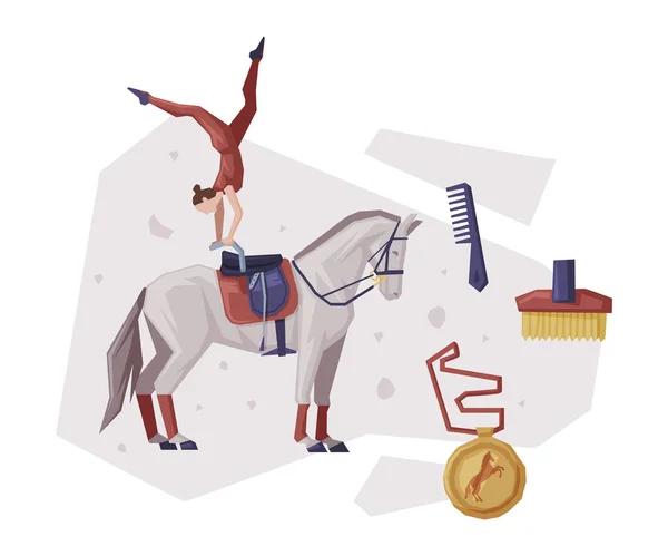 Свод девочек на лошадях, оборудование для конного спорта, инструменты для ухода, векторная иллюстрация медалей — стоковый вектор