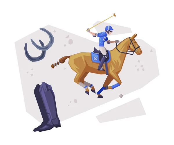 Polo Deportivo Galopando a Caballo, Equipamiento Deportivo Ecuestre Vector Illustration — Vector de stock